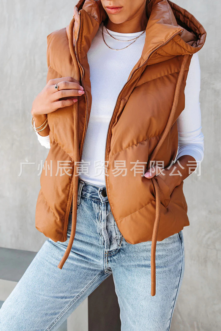 Padded Vest Gilet - 여성용 솔리드 컬러 후드 패딩 조끼