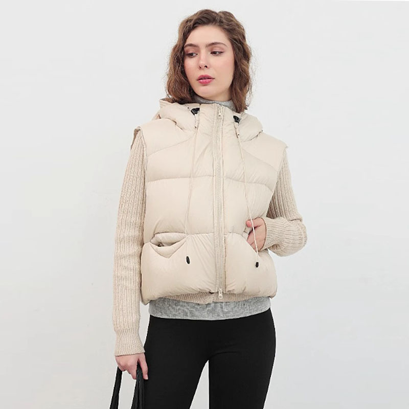 Padded Vest Gilet - 여성용 후드 패딩 조끼, 드로스트링 지퍼