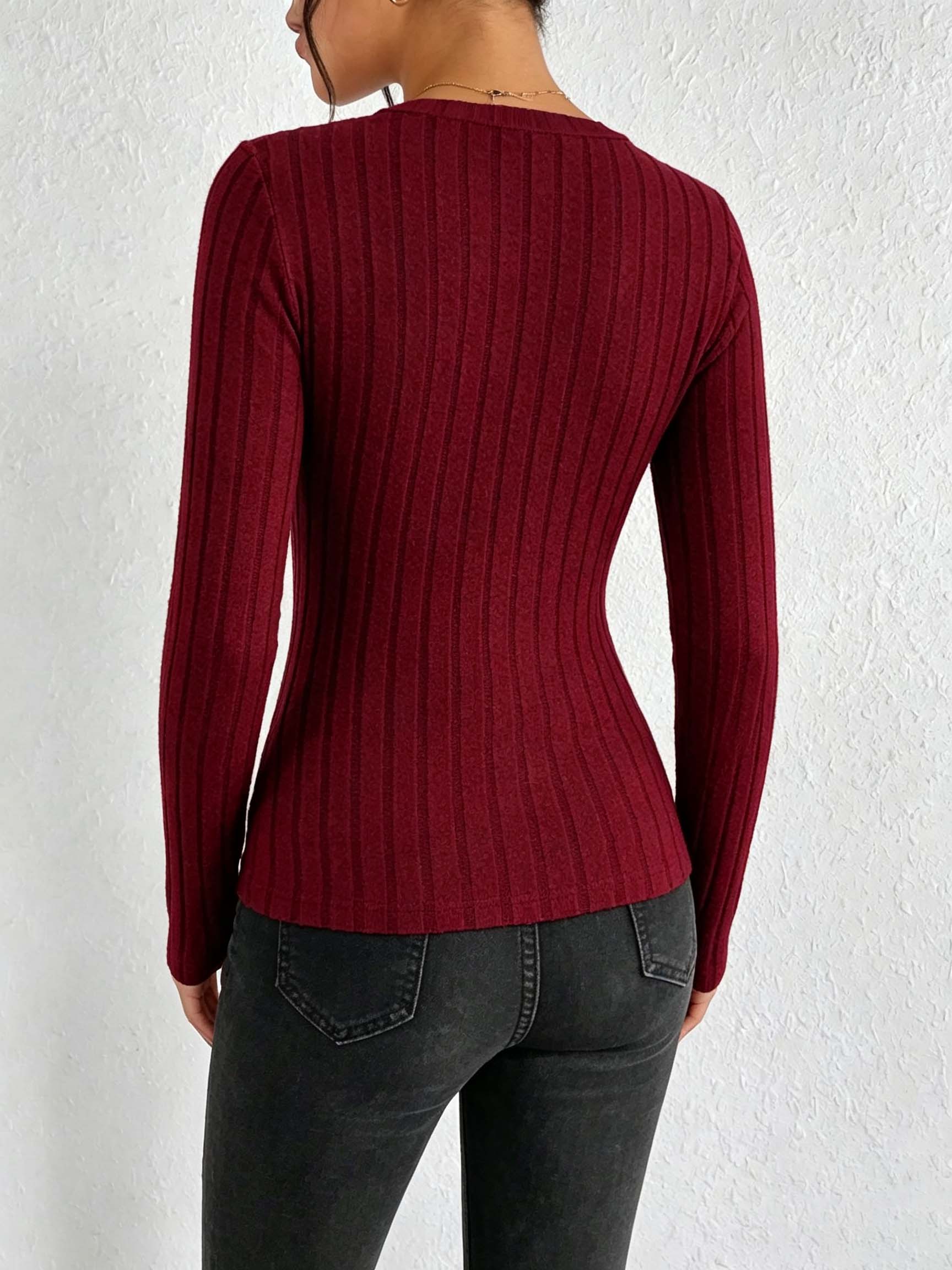 여성용 솔리드 V넥 리브 니트 탑, 슬림 핏 신축성 있 - Winter Clothing For Women 리뷰 및 가격