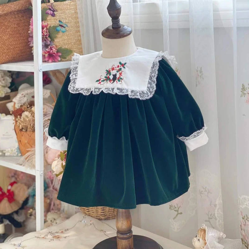 겨울 스페인어 어린이 원피스 레트로 벨벳 소녀 원피스, - Winter Clothing In Spanish 리뷰 및 가격